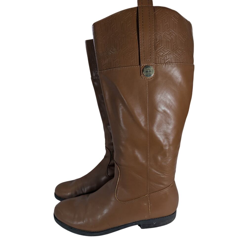TOMMY HILFIGER! PECAN BROWN GENUINE LEATHER, WIDE CALF, LOW HEEL BOOTS! 10M/WC